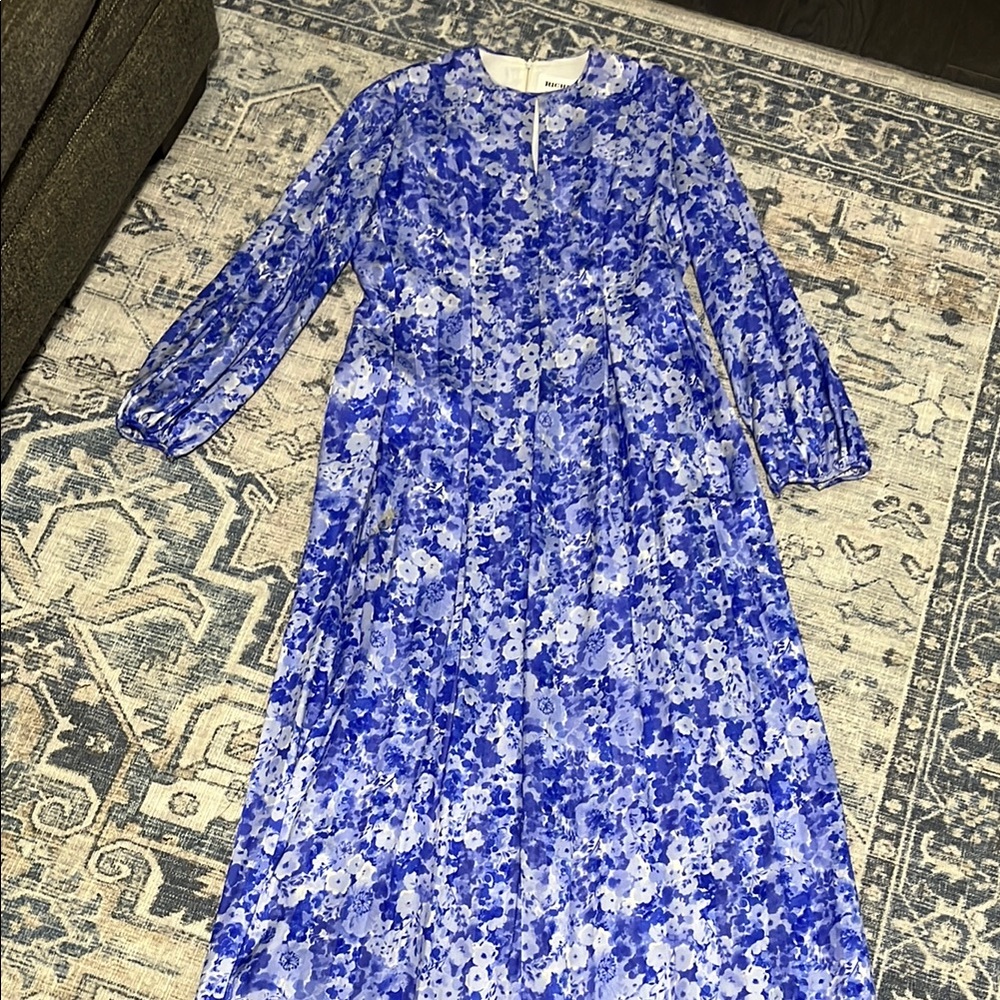 Neiman Marcus Blue Ruffled Tiered Long Sleeve Sundress